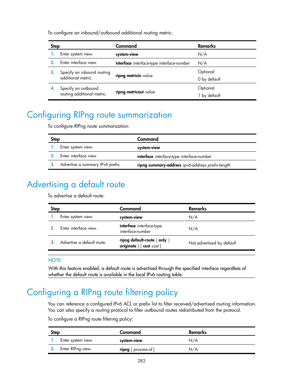 Configuring ripng route summarization, Advertising a default route, Configuring a ripng route filtering policy | H3C Technologies H3C SR8800 User Manual | Page 298 / 431