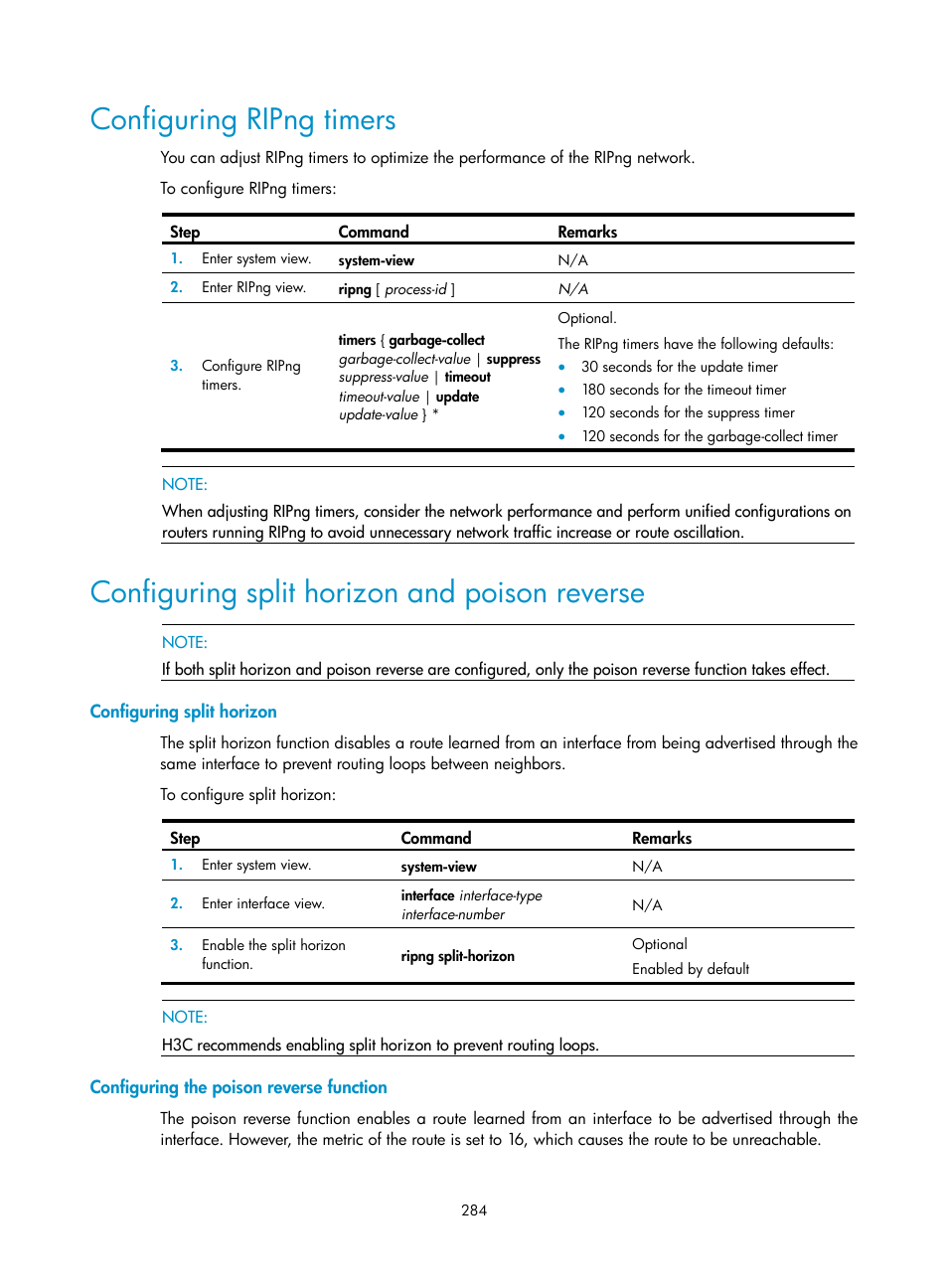 Configuring ripng timers, Configuring split horizon and poison reverse, Configuring split horizon | Configuring the poison reverse function | H3C Technologies H3C SR8800 User Manual | Page 300 / 431