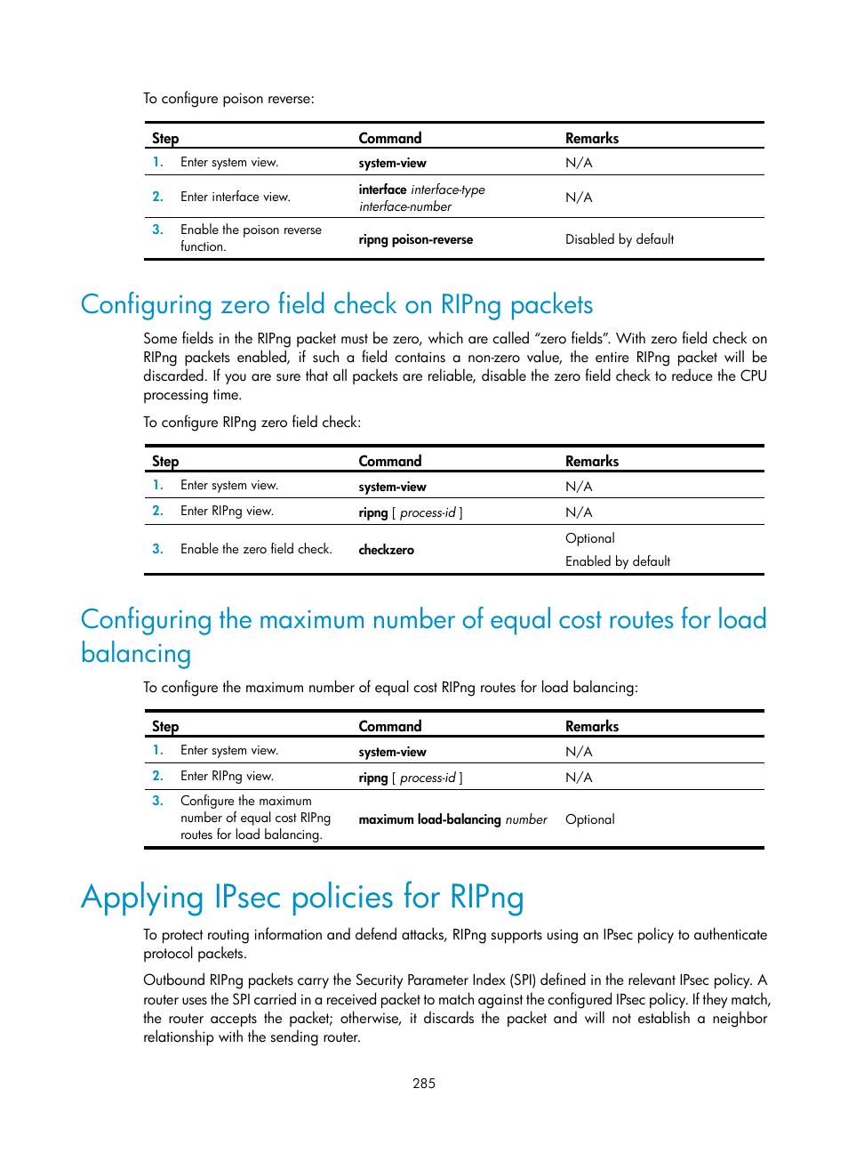 Configuring zero field check on ripng packets, Applying ipsec policies for ripng | H3C Technologies H3C SR8800 User Manual | Page 301 / 431