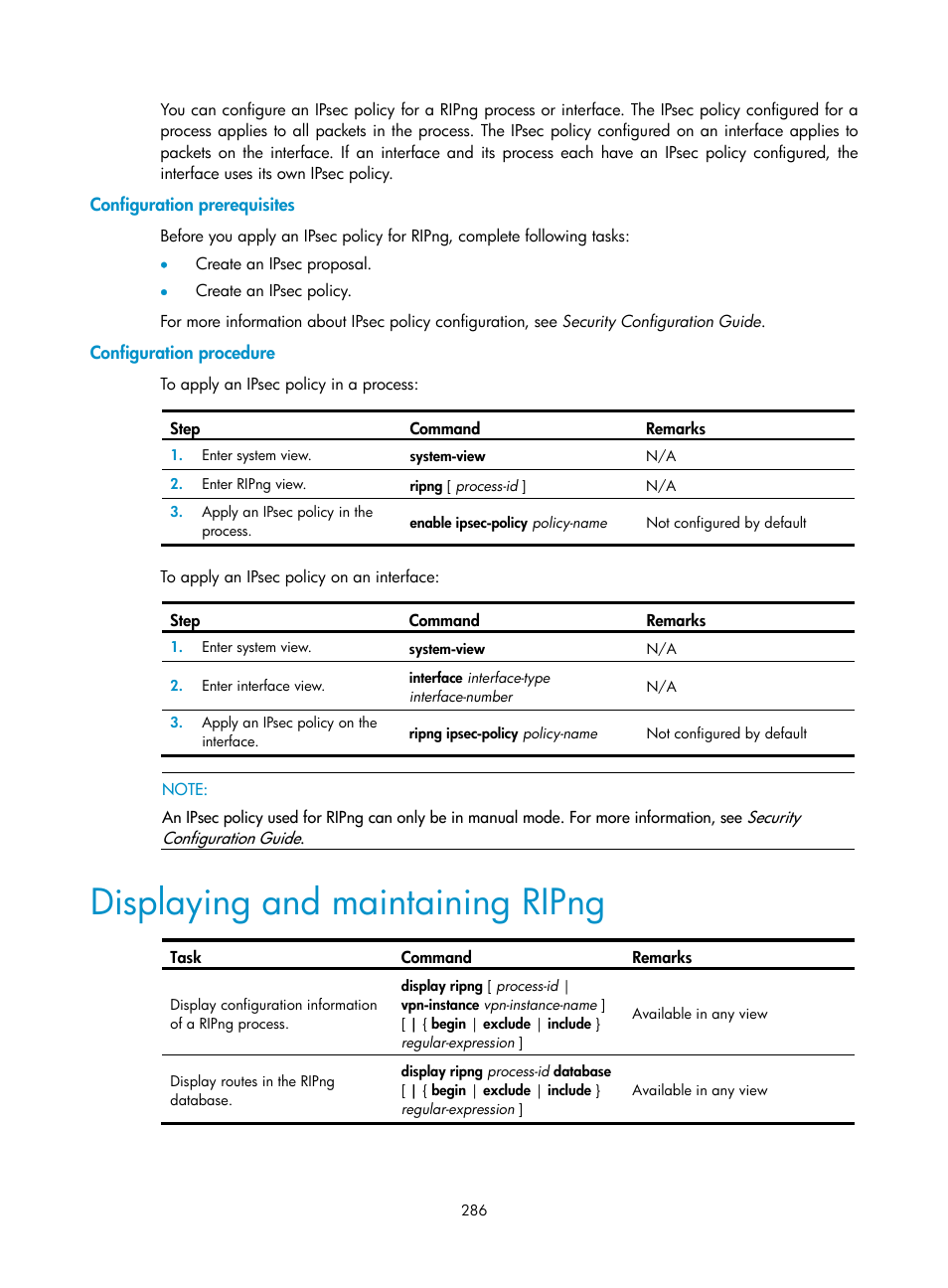 Configuration prerequisites, Configuration procedure, Displaying and maintaining ripng | H3C Technologies H3C SR8800 User Manual | Page 302 / 431