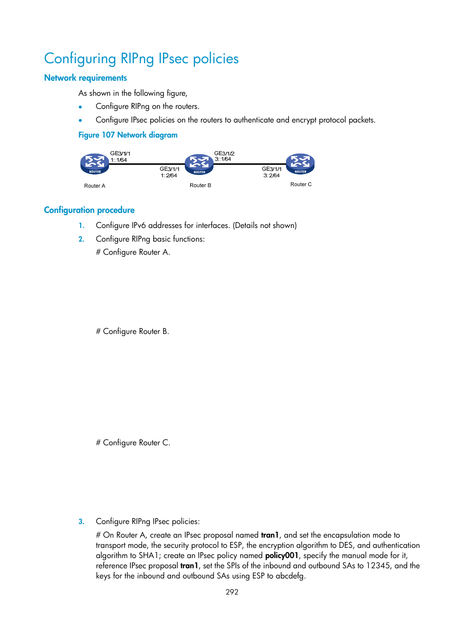 Configuring ripng ipsec policies, Network requirements, Configuration procedure | H3C Technologies H3C SR8800 User Manual | Page 308 / 431