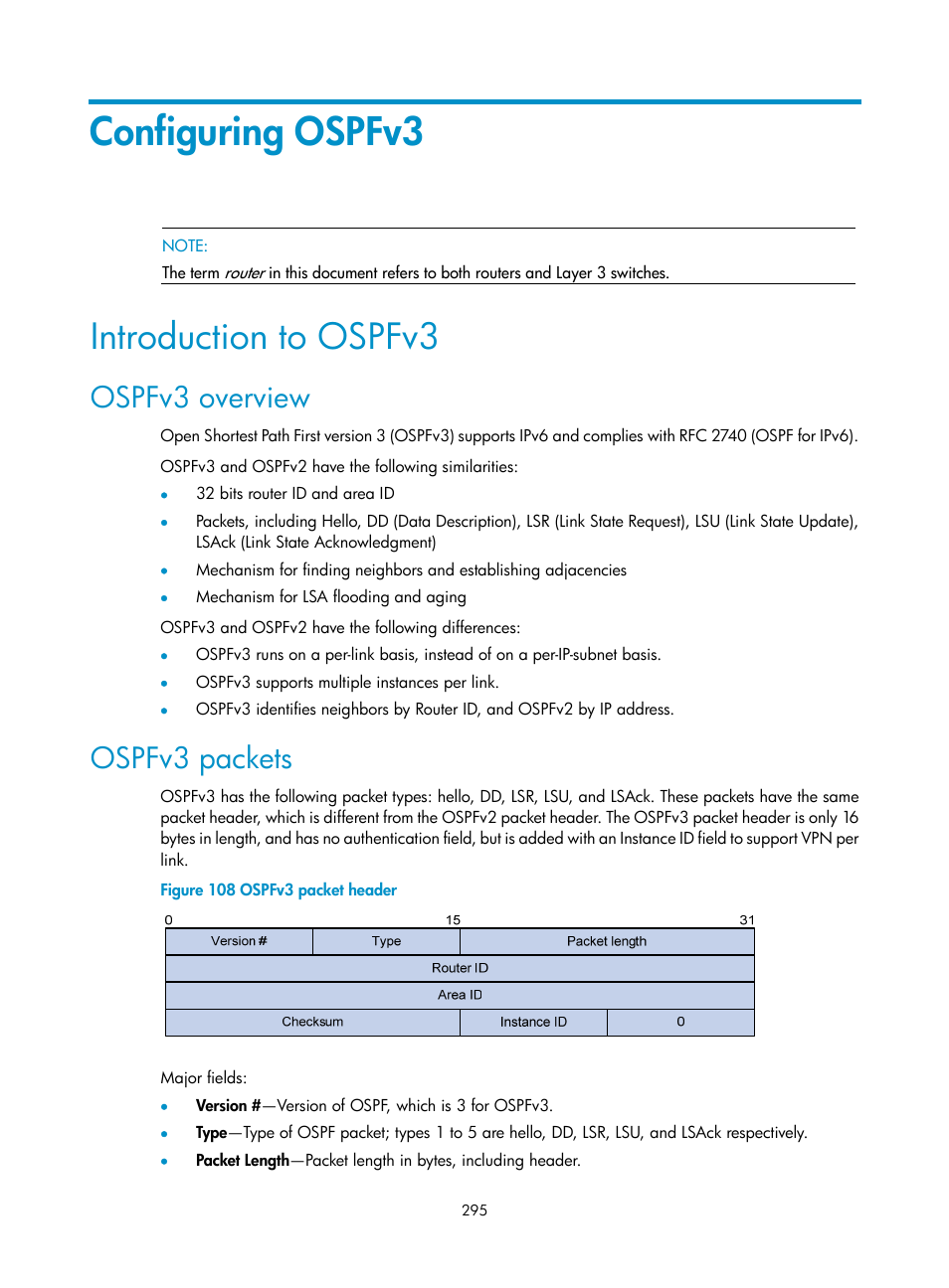 Configuring ospfv3, Introduction to ospfv3, Ospfv3 overview | Ospfv3 packets | H3C Technologies H3C SR8800 User Manual | Page 311 / 431