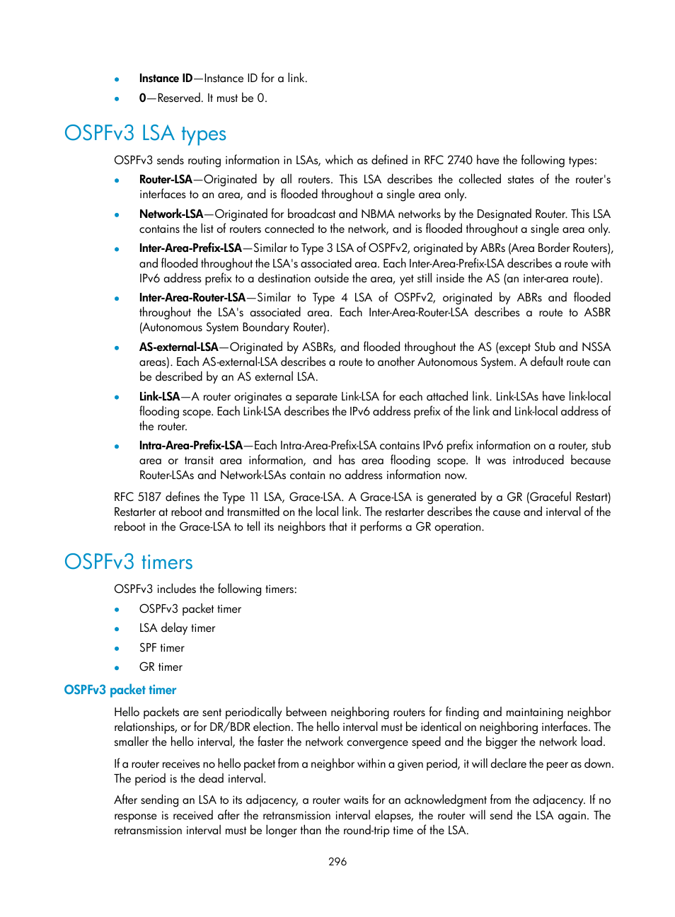 Ospfv3 lsa types, Ospfv3 timers, Ospfv3 packet timer | H3C Technologies H3C SR8800 User Manual | Page 312 / 431