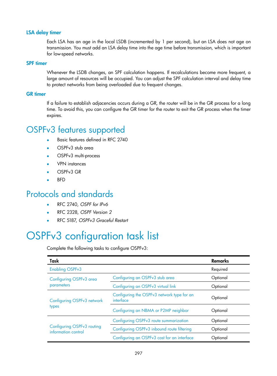 Lsa delay timer, Spf timer, Gr timer | Ospfv3 features supported, Protocols and standards, Ospfv3 configuration task list | H3C Technologies H3C SR8800 User Manual | Page 313 / 431