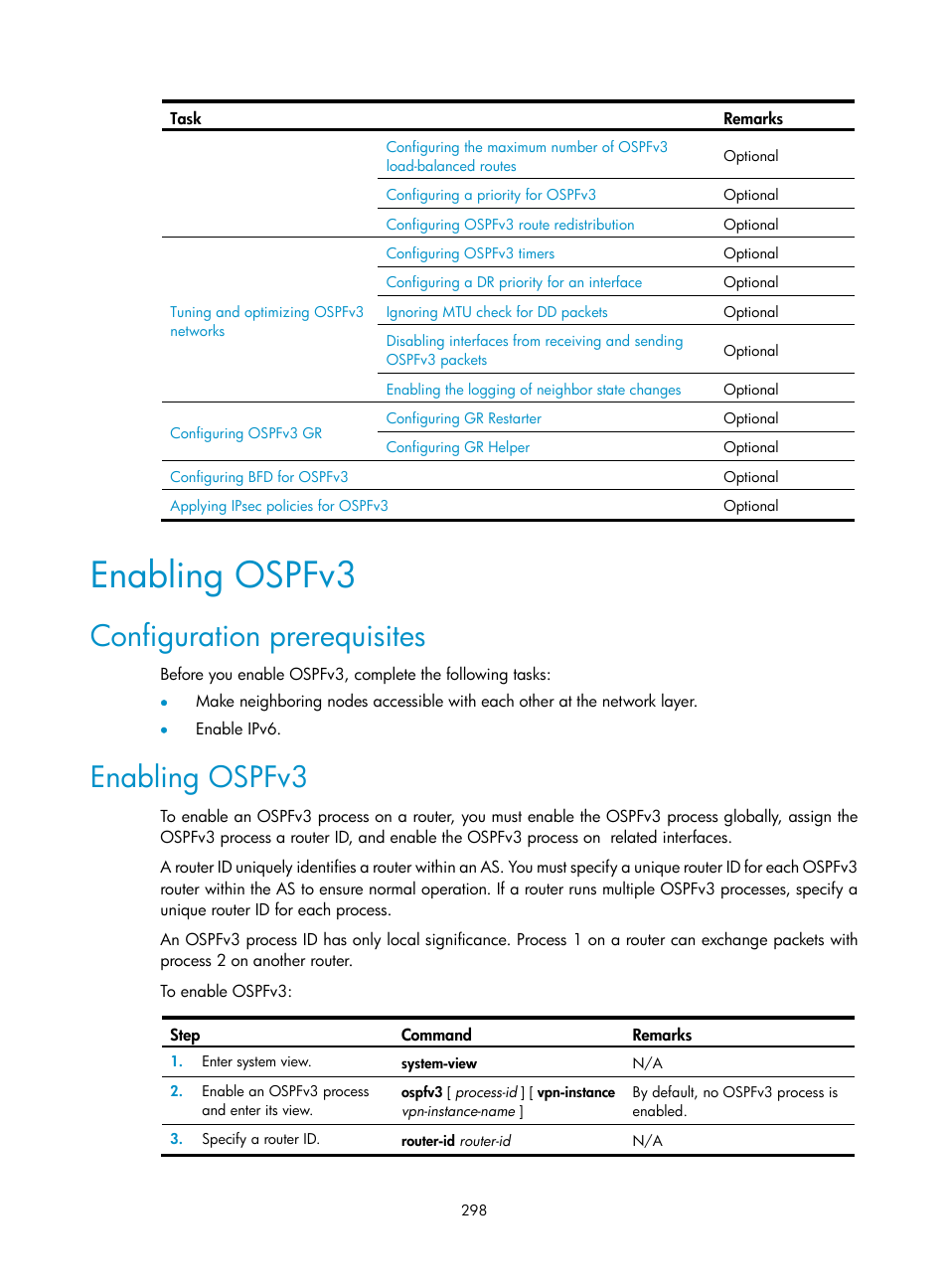 Enabling ospfv3, Configuration prerequisites | H3C Technologies H3C SR8800 User Manual | Page 314 / 431