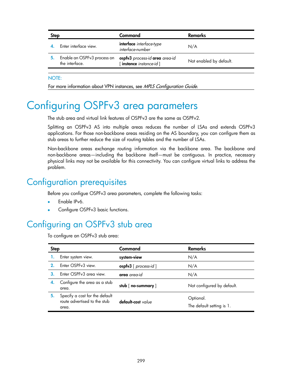 Configuring ospfv3 area parameters, Configuration prerequisites, Configuring an ospfv3 stub area | H3C Technologies H3C SR8800 User Manual | Page 315 / 431