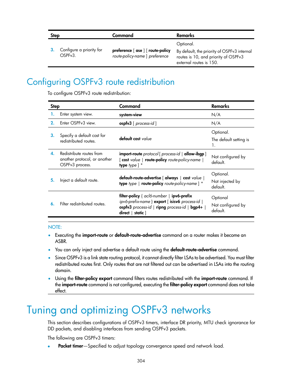 Configuring ospfv3 route redistribution, Tuning and optimizing ospfv3 networks | H3C Technologies H3C SR8800 User Manual | Page 320 / 431