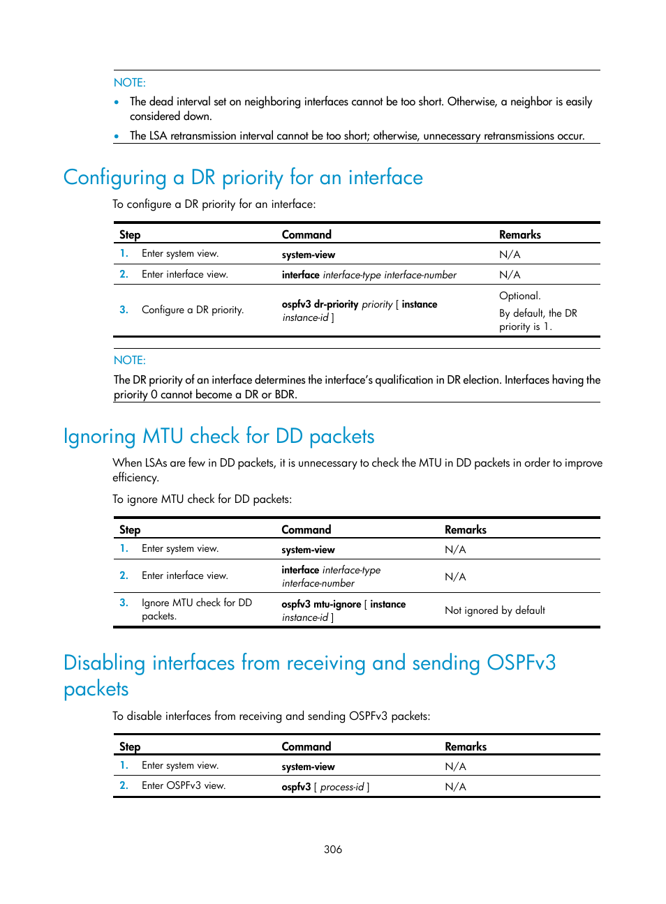 Configuring a dr priority for an interface, Ignoring mtu check for dd packets | H3C Technologies H3C SR8800 User Manual | Page 322 / 431