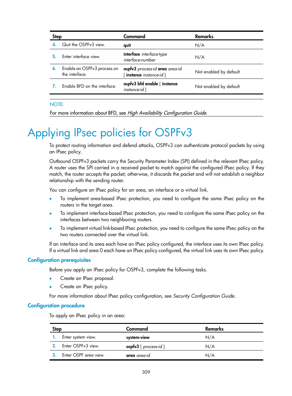 Applying ipsec policies for ospfv3, Configuration prerequisites, Configuration procedure | H3C Technologies H3C SR8800 User Manual | Page 325 / 431