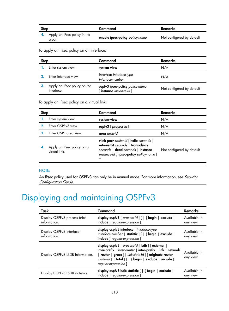 Displaying and maintaining ospfv3 | H3C Technologies H3C SR8800 User Manual | Page 326 / 431