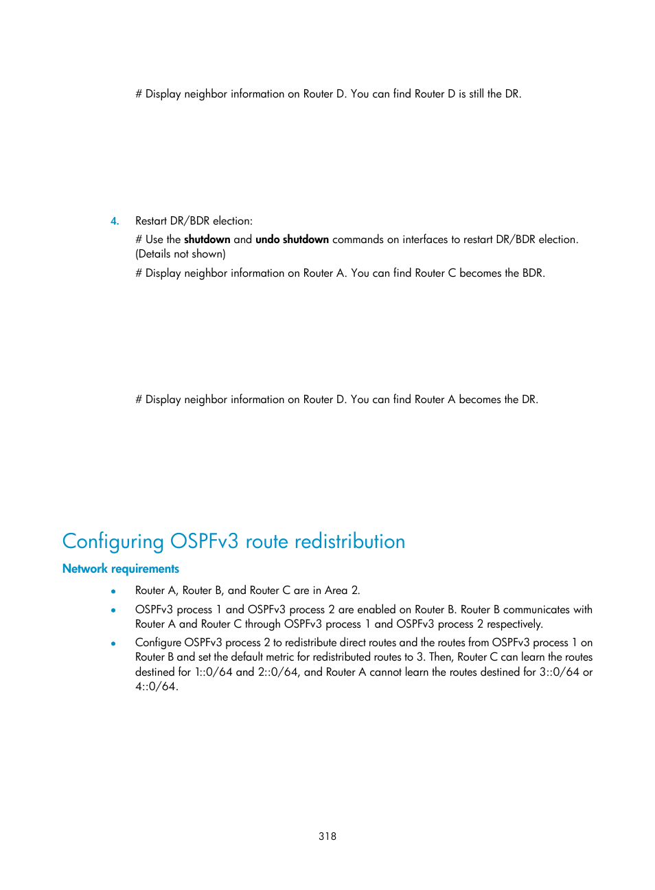 Configuring ospfv3 route redistribution, Network requirements | H3C Technologies H3C SR8800 User Manual | Page 334 / 431