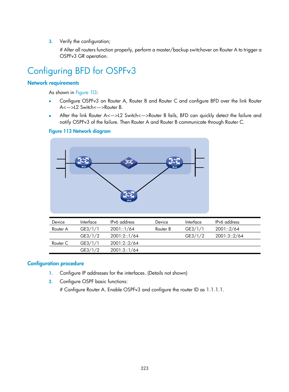 Configuring bfd for ospfv3, Network requirements, Configuration procedure | H3C Technologies H3C SR8800 User Manual | Page 339 / 431