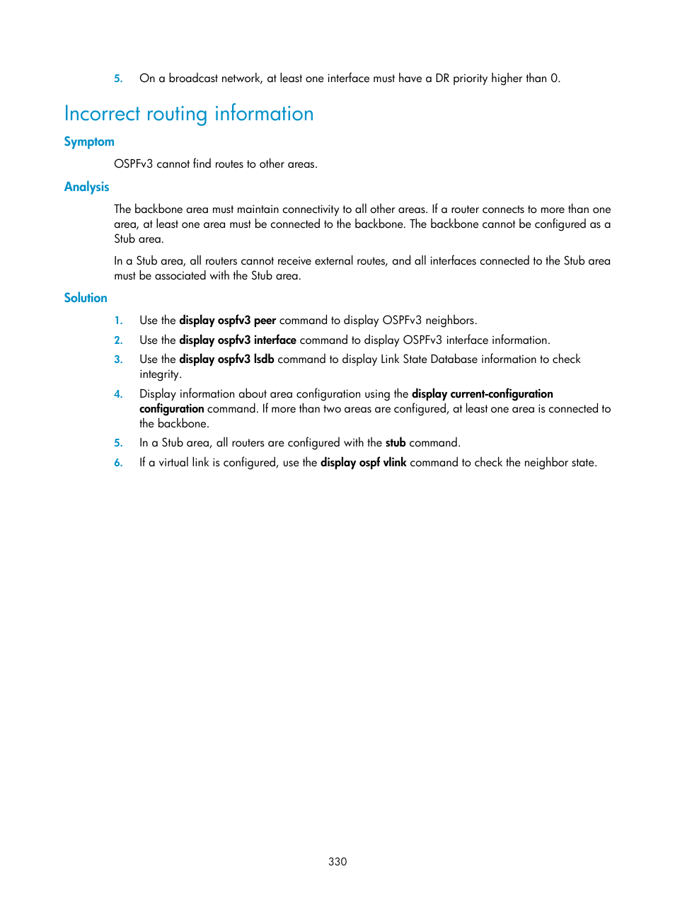 Incorrect routing information, Symptom, Analysis | Solution | H3C Technologies H3C SR8800 User Manual | Page 346 / 431