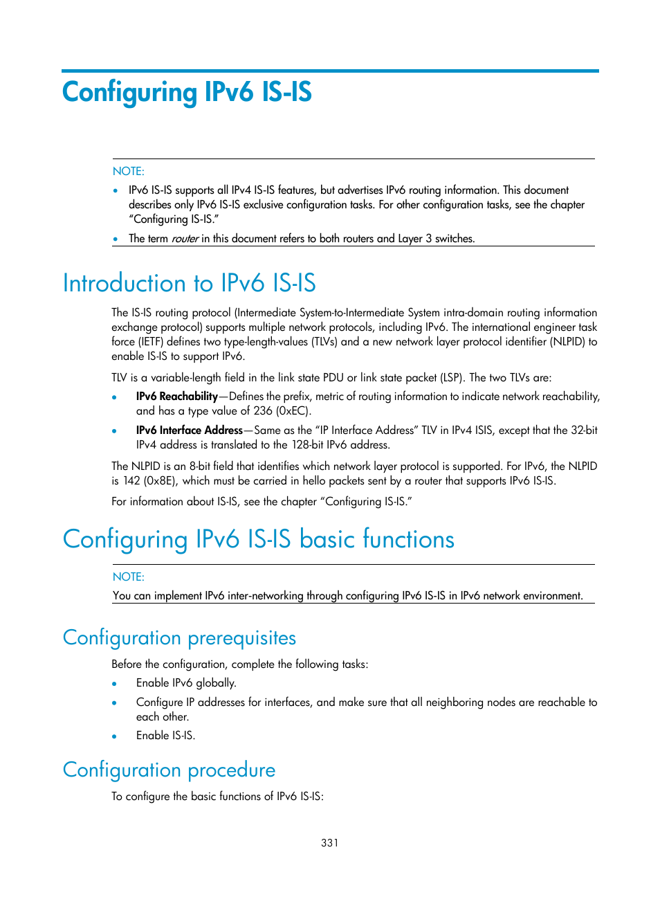 Configuring ipv6 is-is, Introduction to ipv6 is-is, Configuring ipv6 is-is basic functions | Configuration prerequisites, Configuration procedure | H3C Technologies H3C SR8800 User Manual | Page 347 / 431