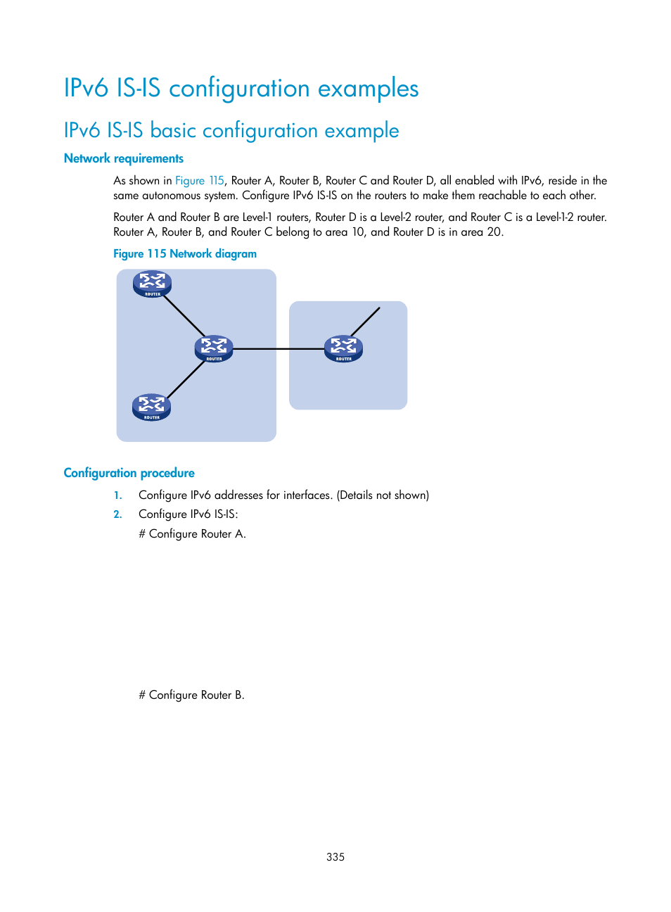 Ipv6 is-is configuration examples, Ipv6 is-is basic configuration example, Network requirements | Configuration procedure | H3C Technologies H3C SR8800 User Manual | Page 351 / 431