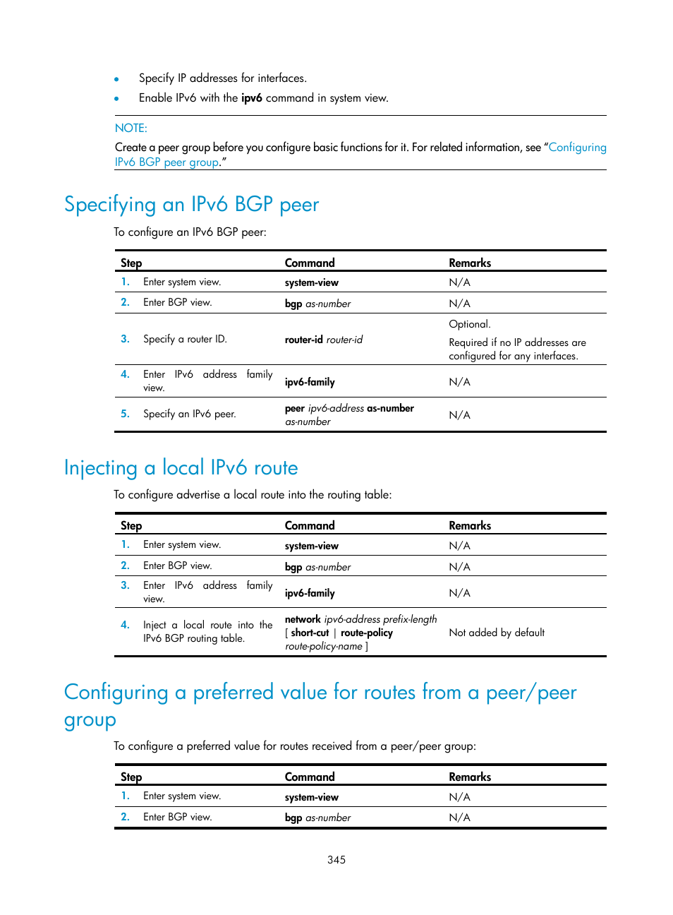 Specifying an ipv6 bgp peer, Injecting a local ipv6 route | H3C Technologies H3C SR8800 User Manual | Page 361 / 431