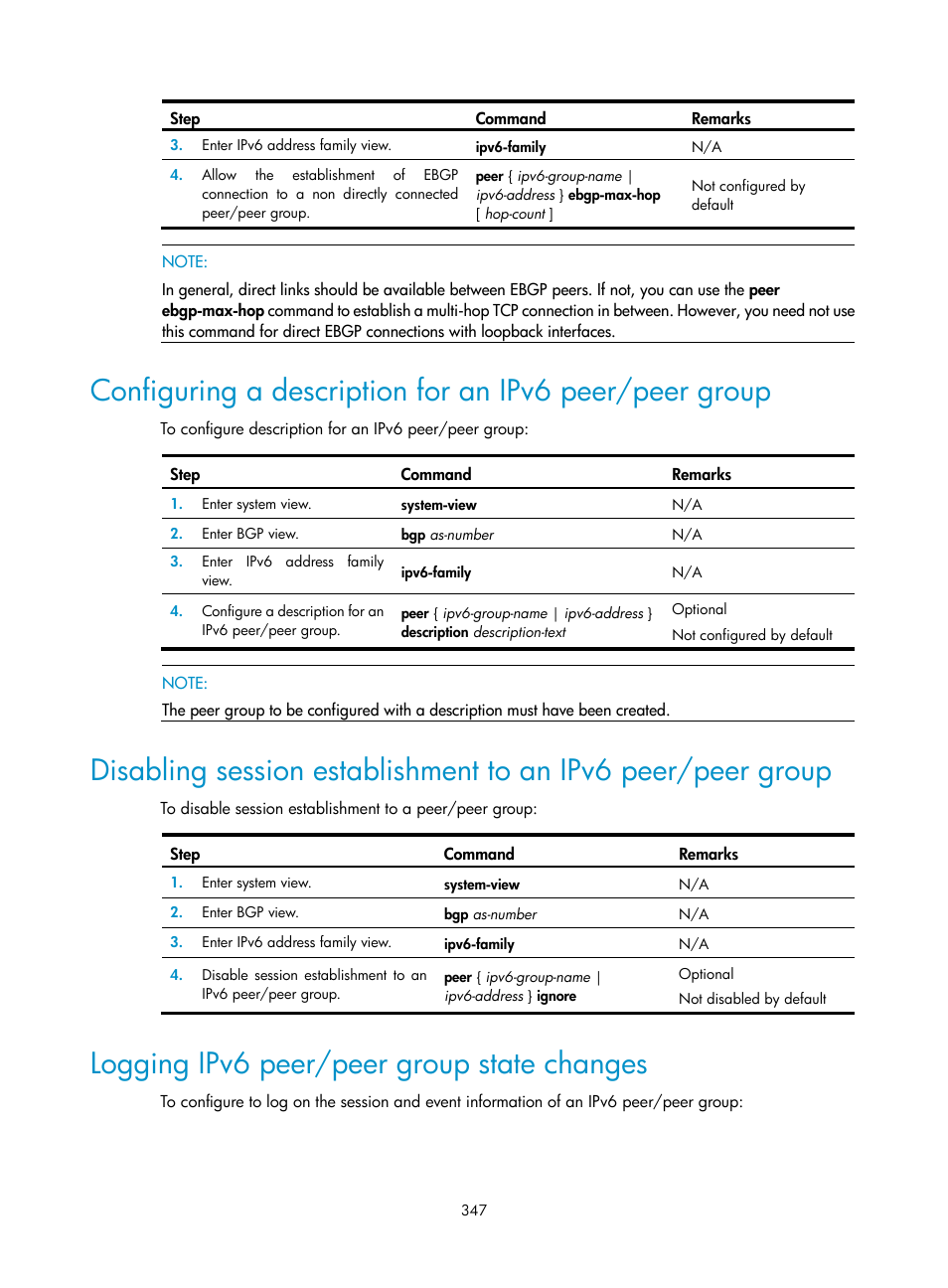 Logging ipv6 peer/peer group state changes | H3C Technologies H3C SR8800 User Manual | Page 363 / 431