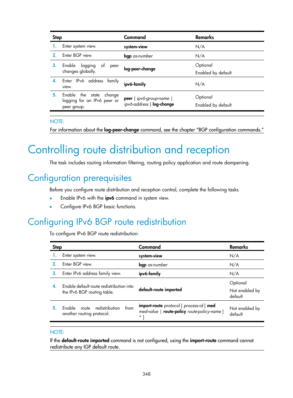 Controlling route distribution and reception, Configuration prerequisites, Configuring ipv6 bgp route redistribution | H3C Technologies H3C SR8800 User Manual | Page 364 / 431