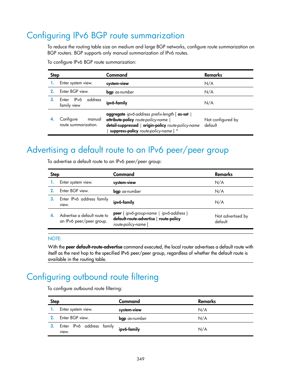 Configuring ipv6 bgp route summarization, Configuring outbound route filtering | H3C Technologies H3C SR8800 User Manual | Page 365 / 431