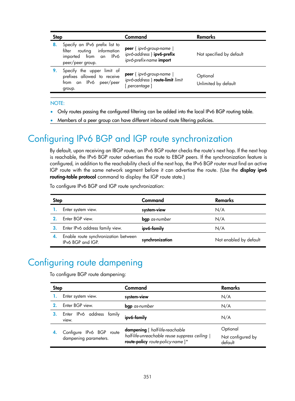 Configuring ipv6 bgp and igp route synchronization, Configuring route dampening | H3C Technologies H3C SR8800 User Manual | Page 367 / 431