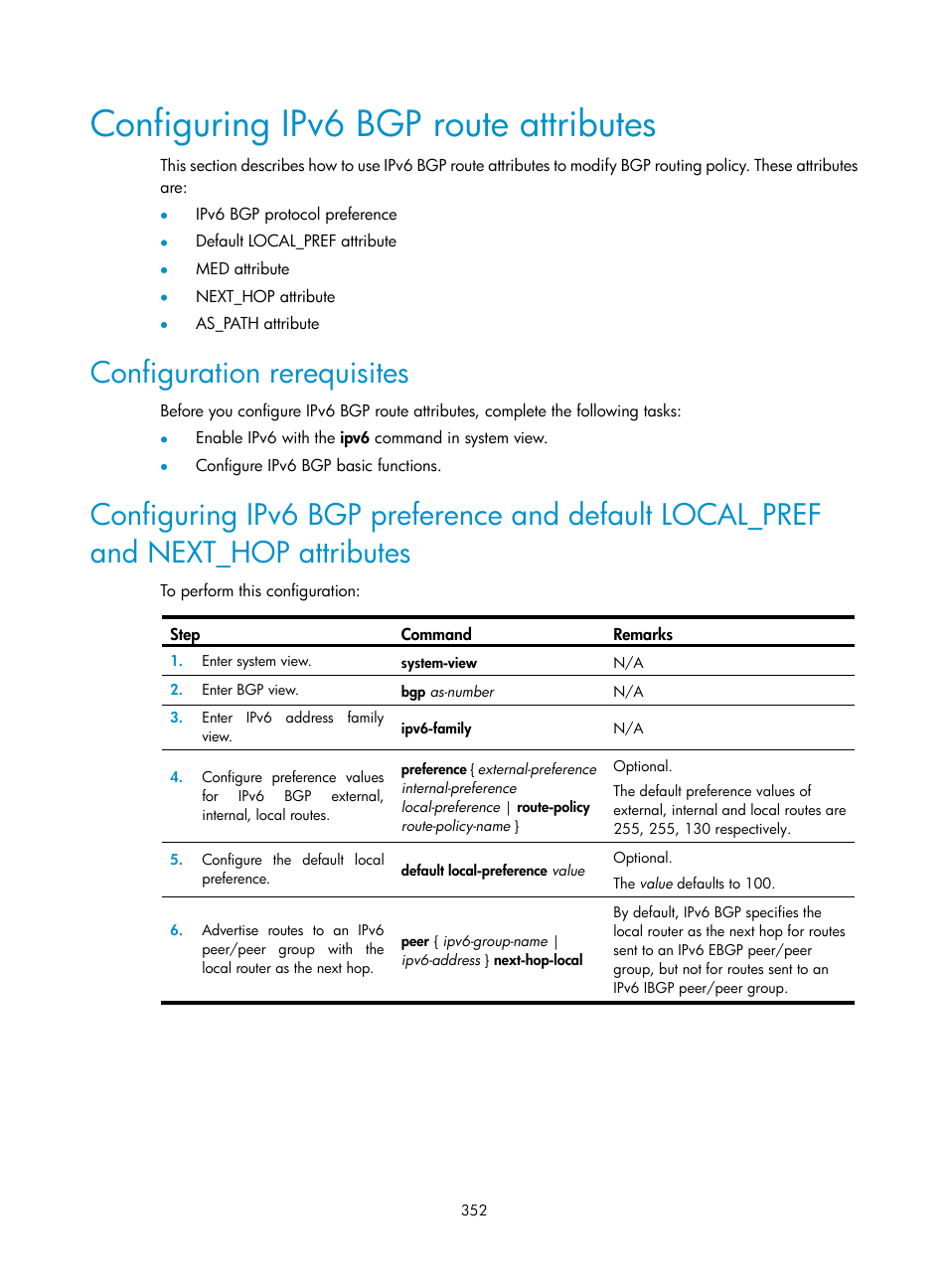 Configuring ipv6 bgp route attributes, Configuration rerequisites | H3C Technologies H3C SR8800 User Manual | Page 368 / 431