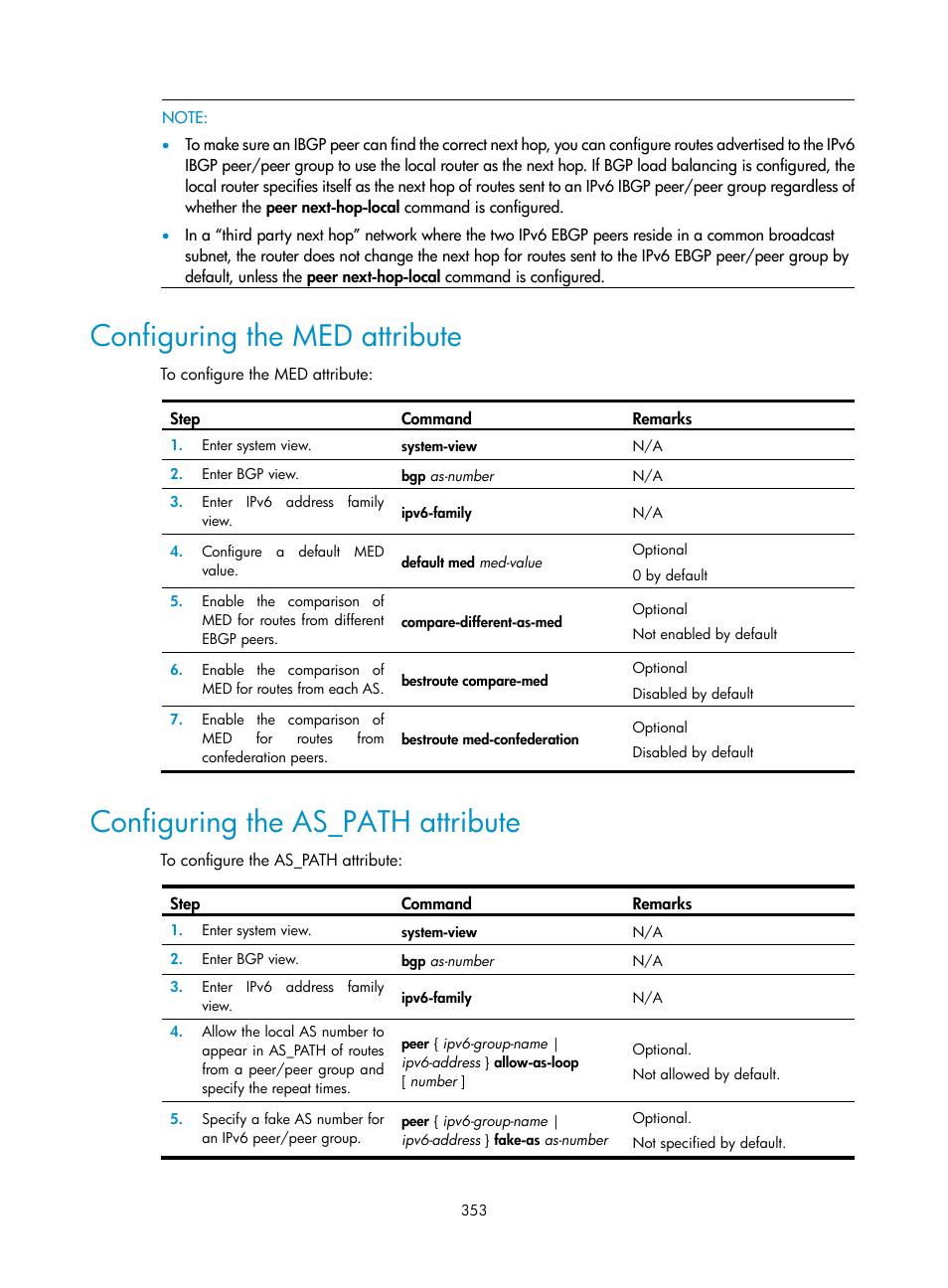 Configuring the med attribute, Configuring the as_path attribute | H3C Technologies H3C SR8800 User Manual | Page 369 / 431