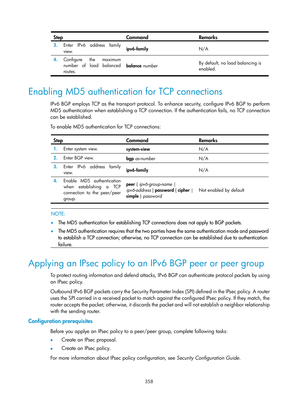 Enabling md5 authentication for tcp connections, Configuration prerequisites | H3C Technologies H3C SR8800 User Manual | Page 374 / 431