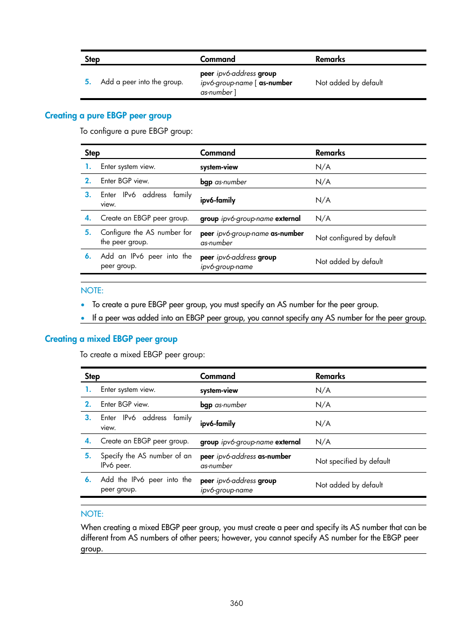 Creating a pure ebgp peer group, Creating a mixed ebgp peer group | H3C Technologies H3C SR8800 User Manual | Page 376 / 431