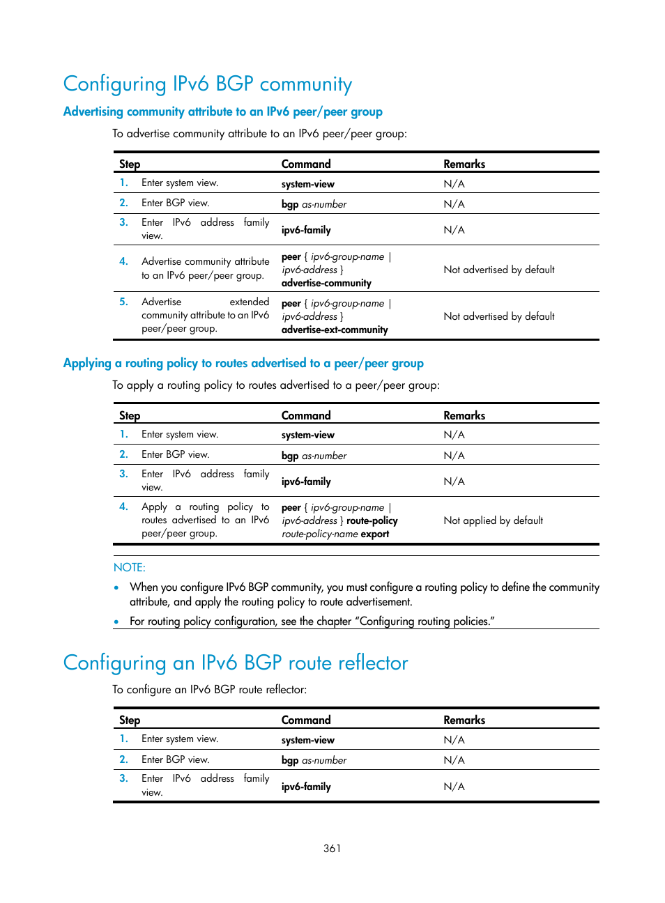 Configuring ipv6 bgp community, Configuring an ipv6 bgp route reflector | H3C Technologies H3C SR8800 User Manual | Page 377 / 431