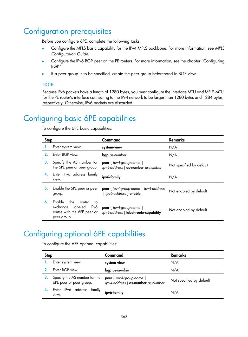 Configuration prerequisites, Configuring basic 6pe capabilities, Configuring optional 6pe capabilities | H3C Technologies H3C SR8800 User Manual | Page 379 / 431