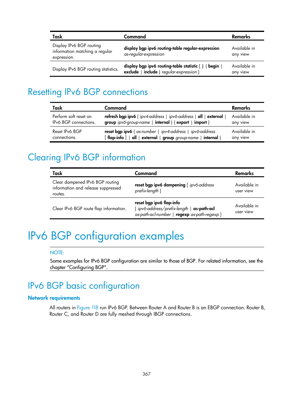 Resetting ipv6 bgp connections, Clearing ipv6 bgp information, Ipv6 bgp configuration examples | Ipv6 bgp basic configuration, Network requirements | H3C Technologies H3C SR8800 User Manual | Page 383 / 431