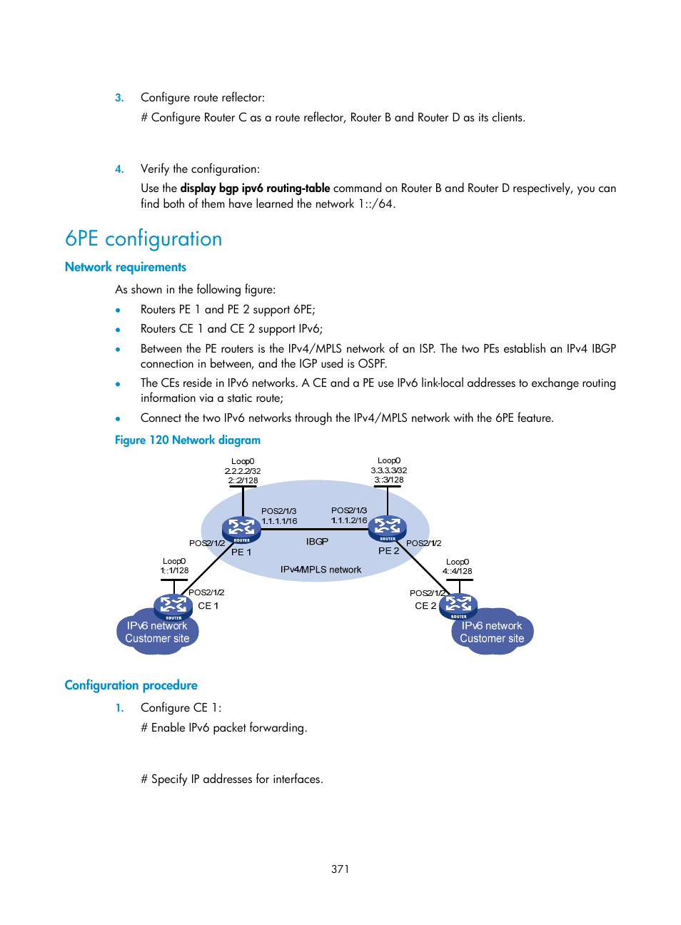 6pe configuration, Network requirements, Configuration procedure | H3C Technologies H3C SR8800 User Manual | Page 387 / 431