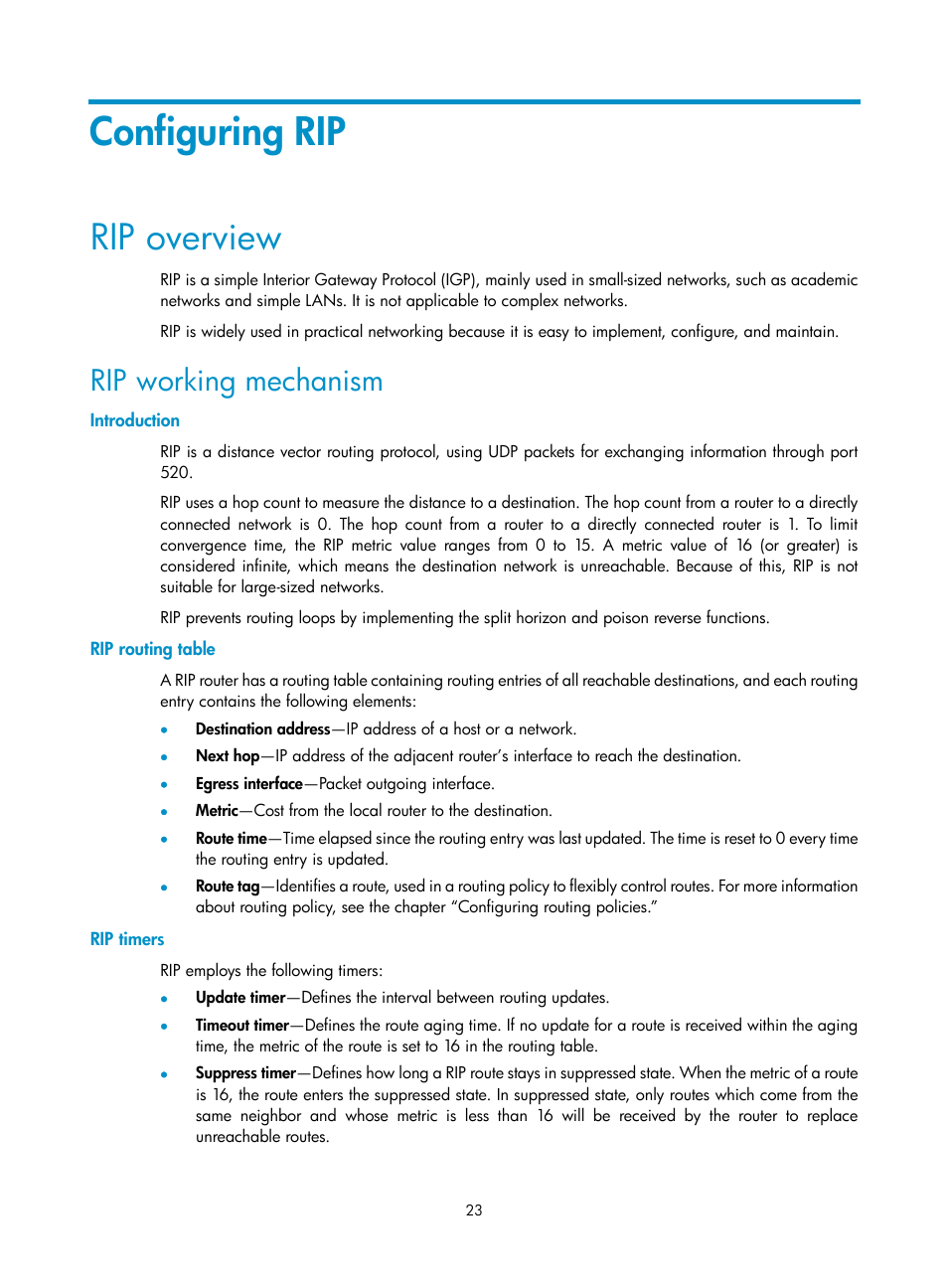 Configuring rip, Rip overview, Rip working mechanism | Introduction, Rip routing table, Rip timers | H3C Technologies H3C SR8800 User Manual | Page 39 / 431