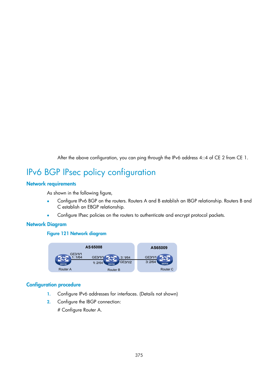 Ipv6 bgp ipsec policy configuration, Network requirements, Network diagram | Configuration procedure | H3C Technologies H3C SR8800 User Manual | Page 391 / 431