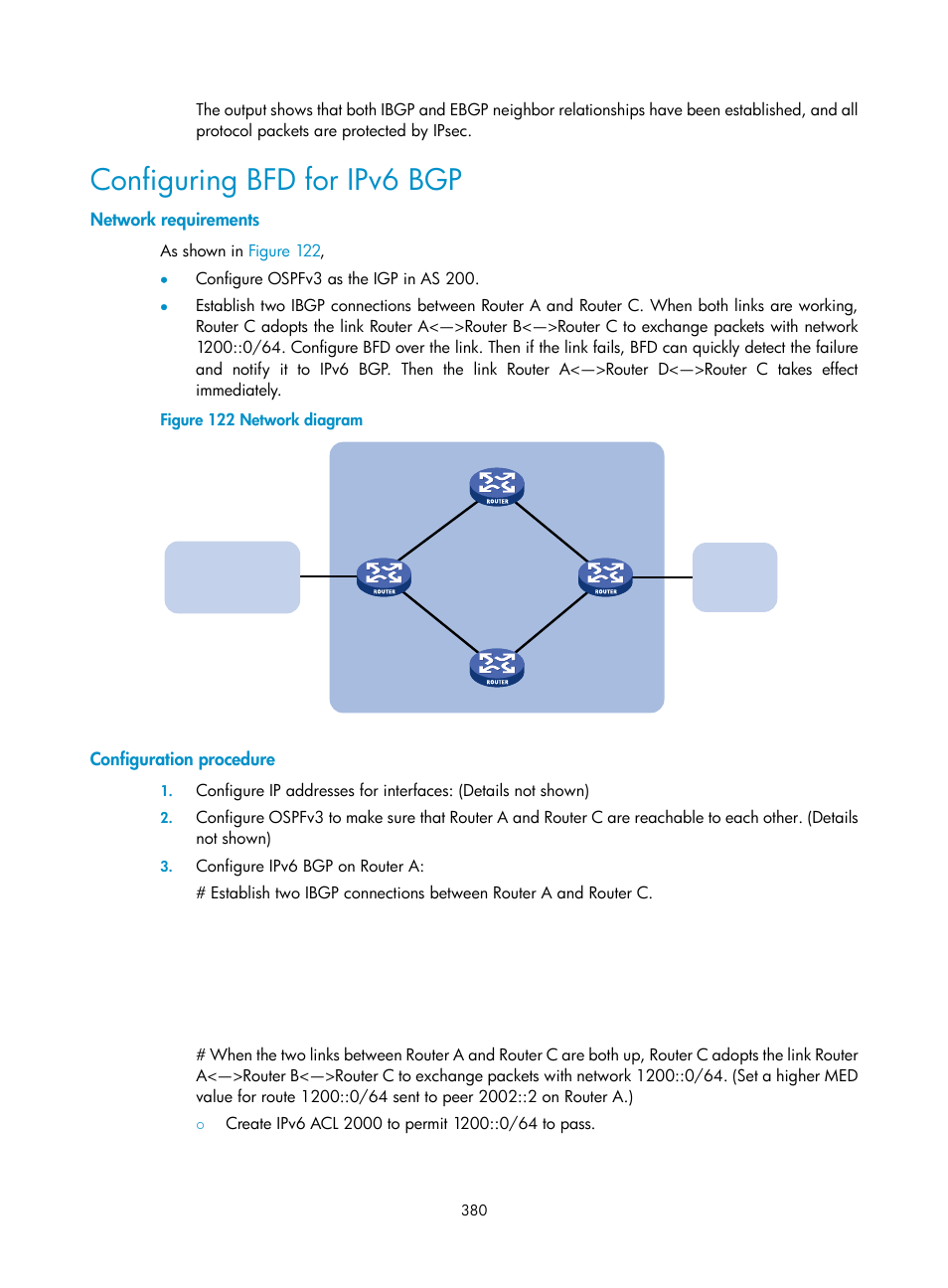 Configuring bfd for ipv6 bgp, Network requirements, Configuration procedure | H3C Technologies H3C SR8800 User Manual | Page 396 / 431