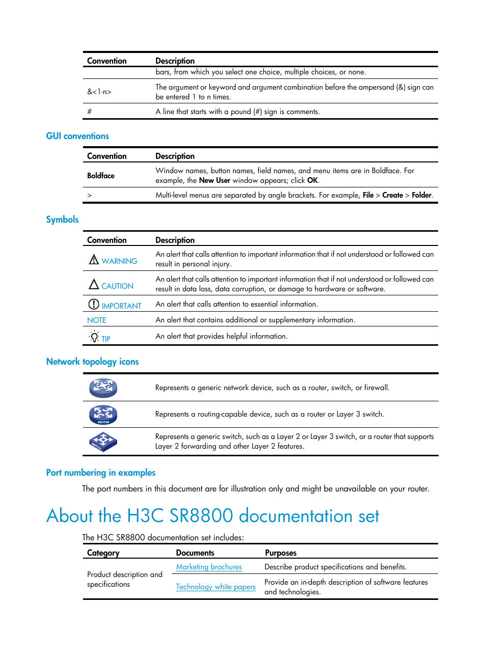Gui conventions, Symbols, Network topology icons | Port numbering in examples, About the h3c sr8800 documentation set | H3C Technologies H3C SR8800 User Manual | Page 4 / 431