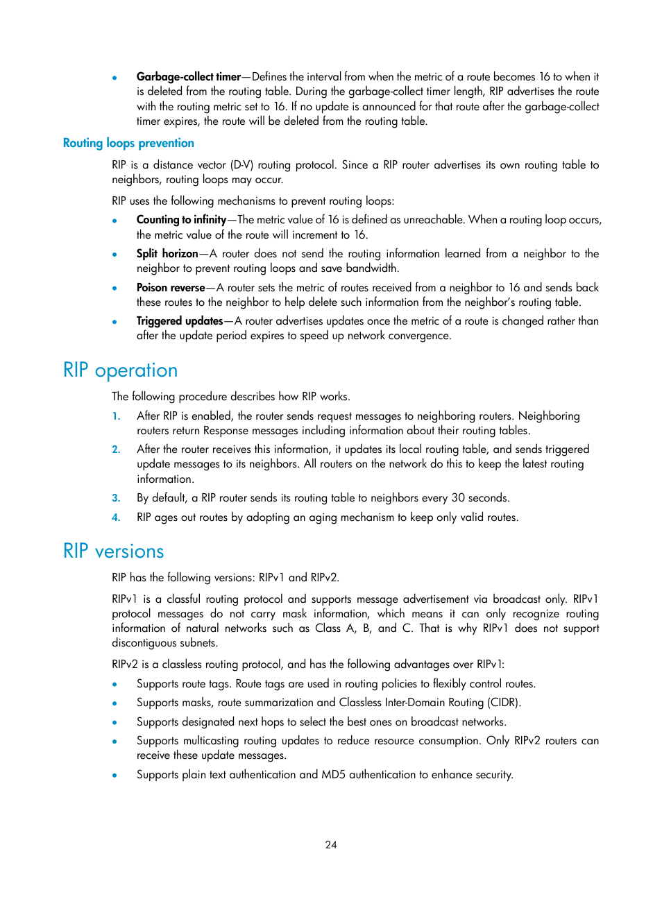Routing loops prevention, Rip operation, Rip versions | H3C Technologies H3C SR8800 User Manual | Page 40 / 431
