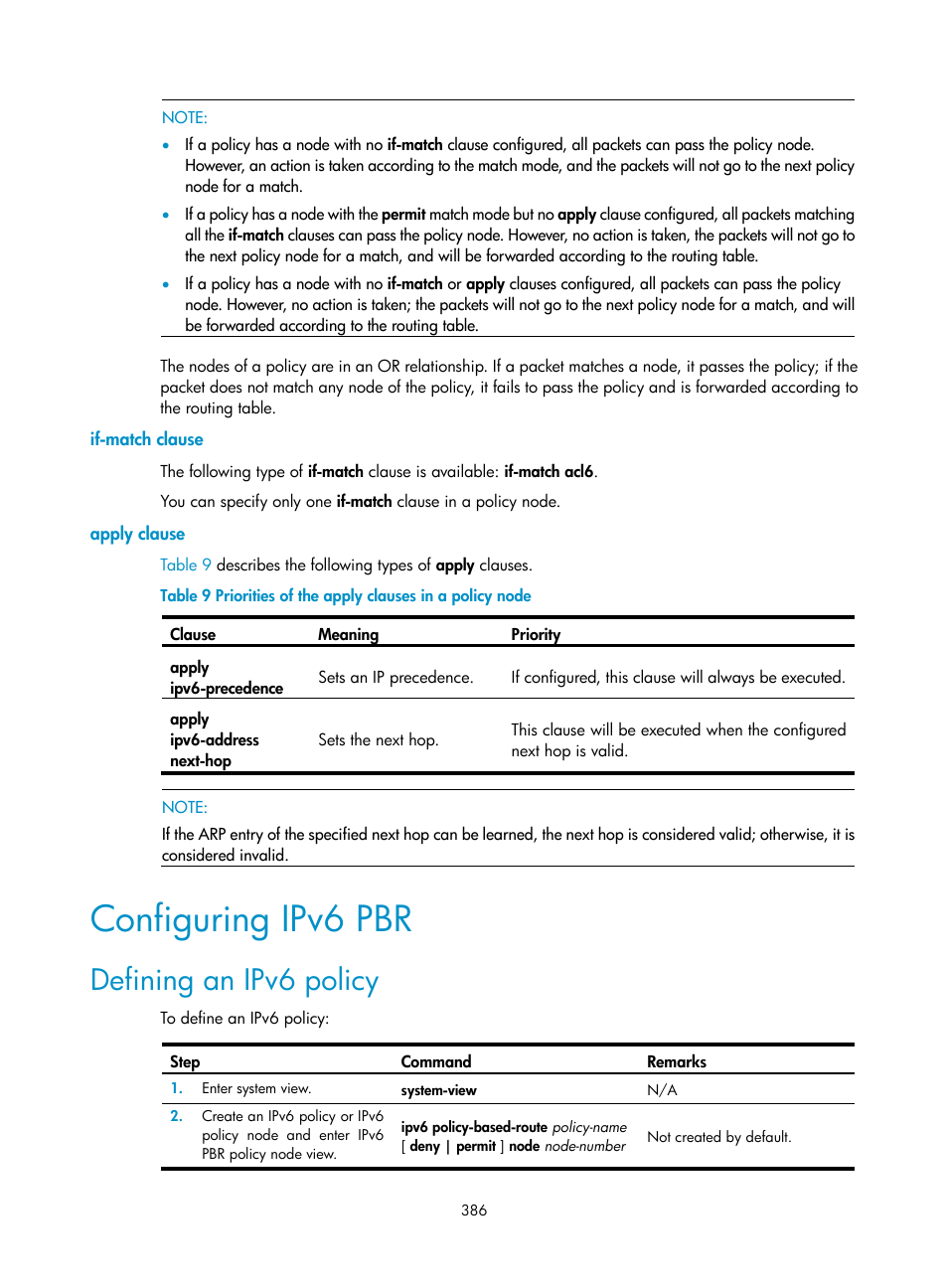 If-match clause, Apply clause, Configuring ipv6 pbr | Defining an ipv6 policy | H3C Technologies H3C SR8800 User Manual | Page 402 / 431