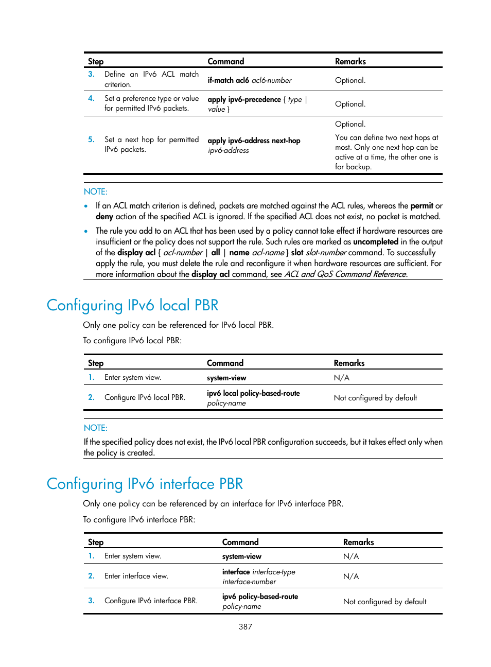 Configuring ipv6 local pbr, Configuring ipv6 interface pbr | H3C Technologies H3C SR8800 User Manual | Page 403 / 431