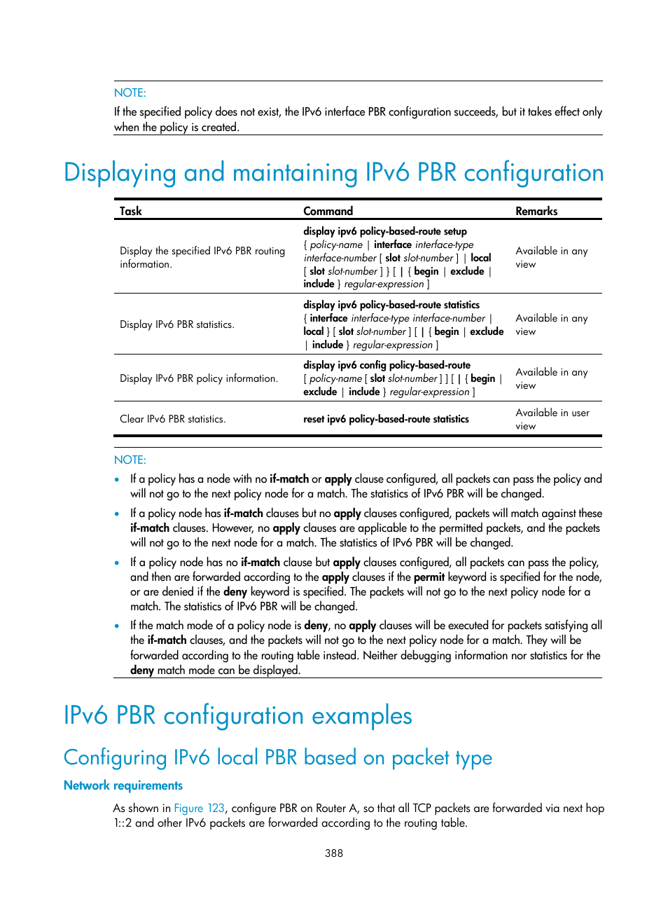 Displaying and maintaining ipv6 pbr configuration, Ipv6 pbr configuration examples, Configuring ipv6 local pbr based on packet type | Network requirements | H3C Technologies H3C SR8800 User Manual | Page 404 / 431