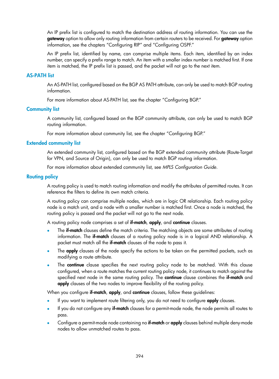 As-path list, Community list, Extended community list | Routing policy | H3C Technologies H3C SR8800 User Manual | Page 410 / 431