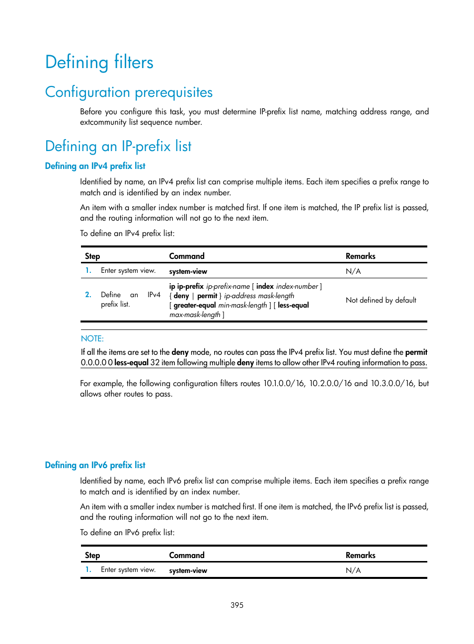 Defining filters, Configuration prerequisites, Defining an ip-prefix list | Defining an ipv4 prefix list, Defining an ipv6 prefix list | H3C Technologies H3C SR8800 User Manual | Page 411 / 431