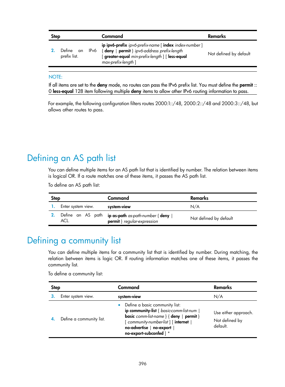 Defining an as path list, Defining a community list | H3C Technologies H3C SR8800 User Manual | Page 412 / 431