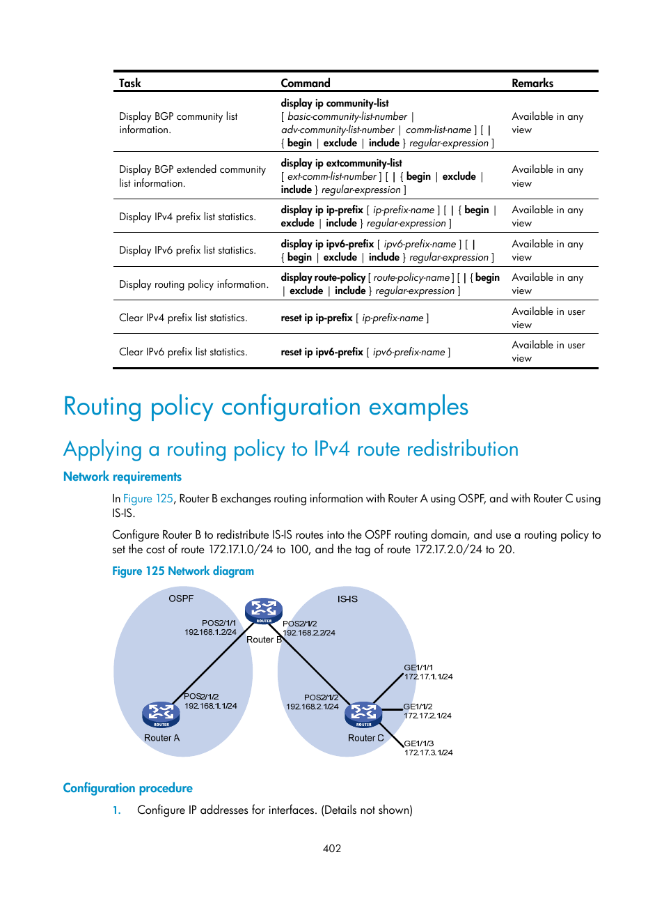 Routing policy configuration examples, Network requirements, Configuration procedure | H3C Technologies H3C SR8800 User Manual | Page 418 / 431