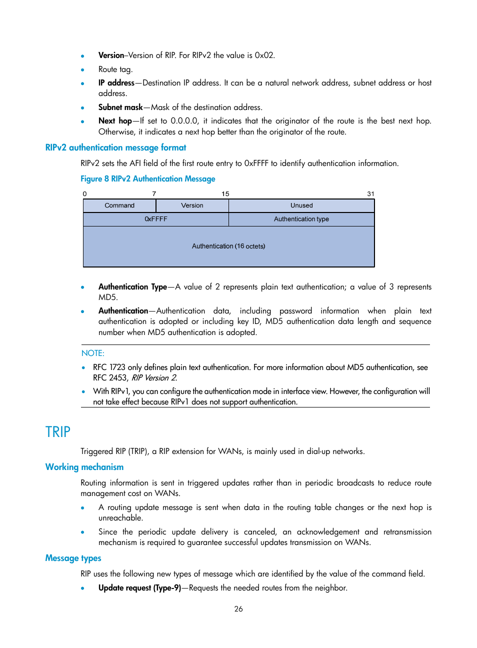 Ripv2 authentication message format, Trip, Working mechanism | Message types | H3C Technologies H3C SR8800 User Manual | Page 42 / 431