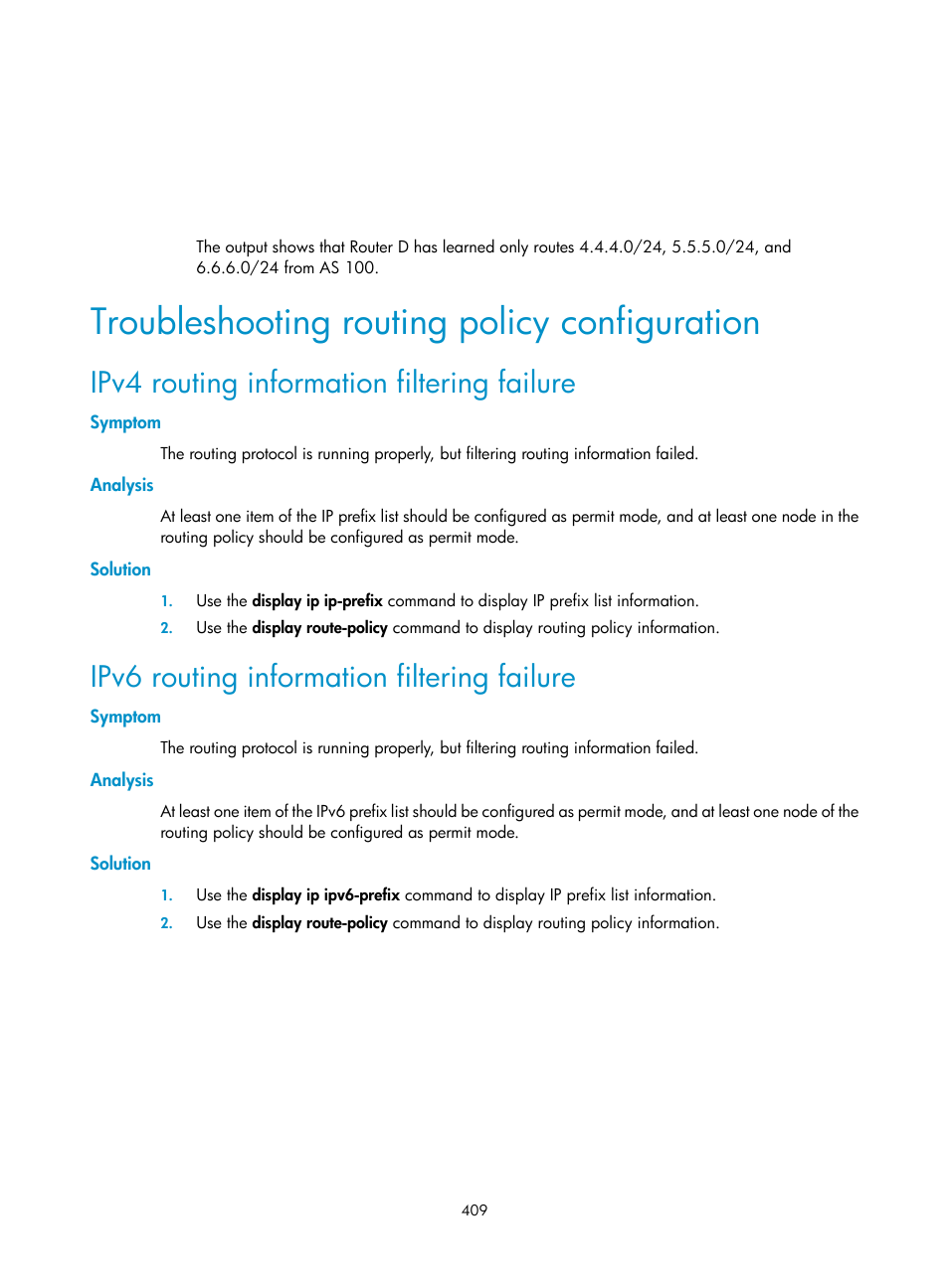 Troubleshooting routing policy configuration, Ipv4 routing information filtering failure, Symptom | Analysis, Solution, Ipv6 routing information filtering failure | H3C Technologies H3C SR8800 User Manual | Page 425 / 431