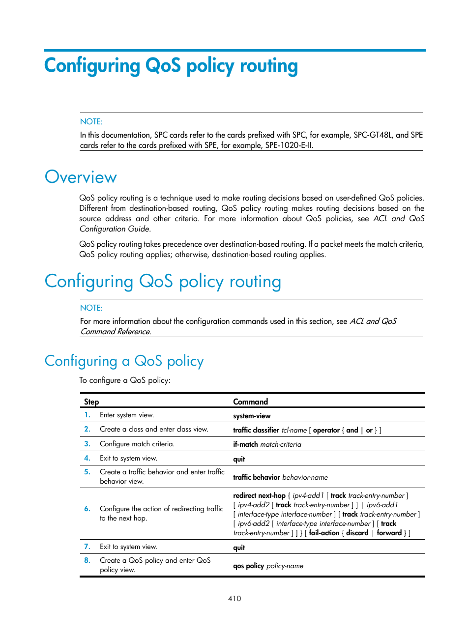 Configuring qos policy routing, Overview, Configuring a qos policy | H3C Technologies H3C SR8800 User Manual | Page 426 / 431