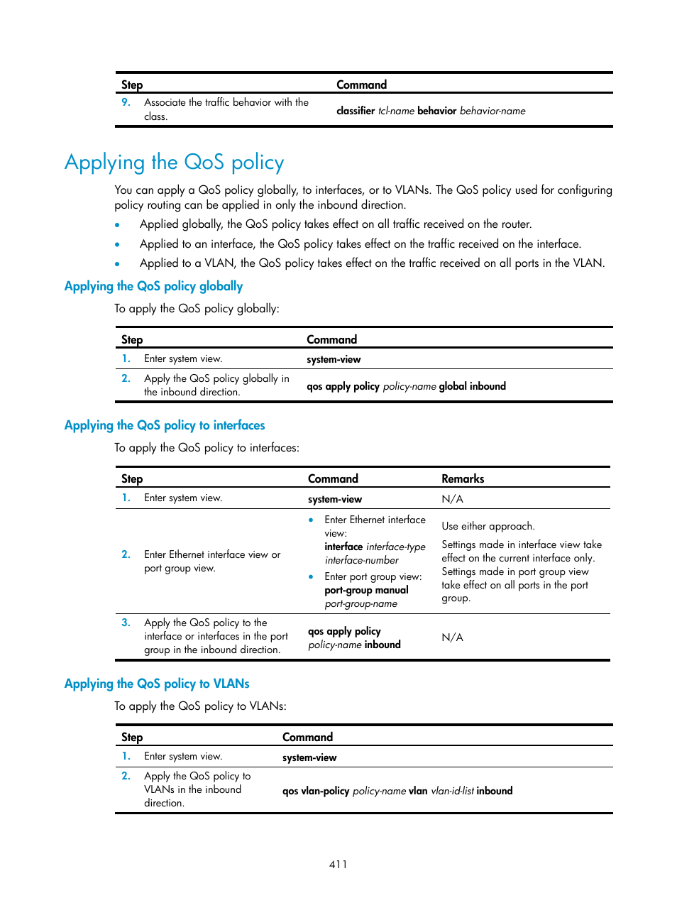 Applying the qos policy, Applying the qos policy globally, Applying the qos policy to interfaces | Applying the qos policy to vlans | H3C Technologies H3C SR8800 User Manual | Page 427 / 431