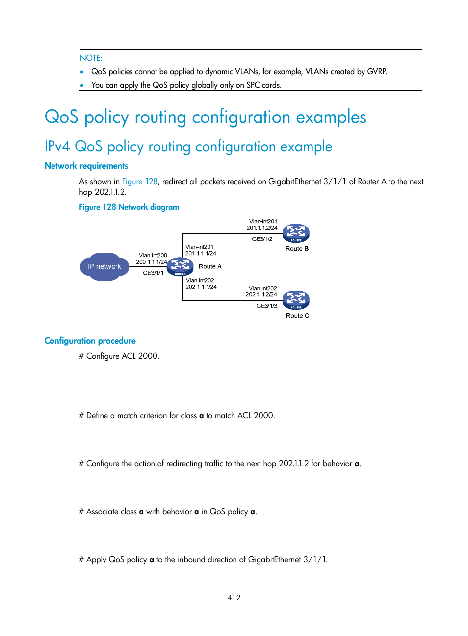 Qos policy routing configuration examples, Ipv4 qos policy routing configuration example, Network requirements | Configuration procedure | H3C Technologies H3C SR8800 User Manual | Page 428 / 431