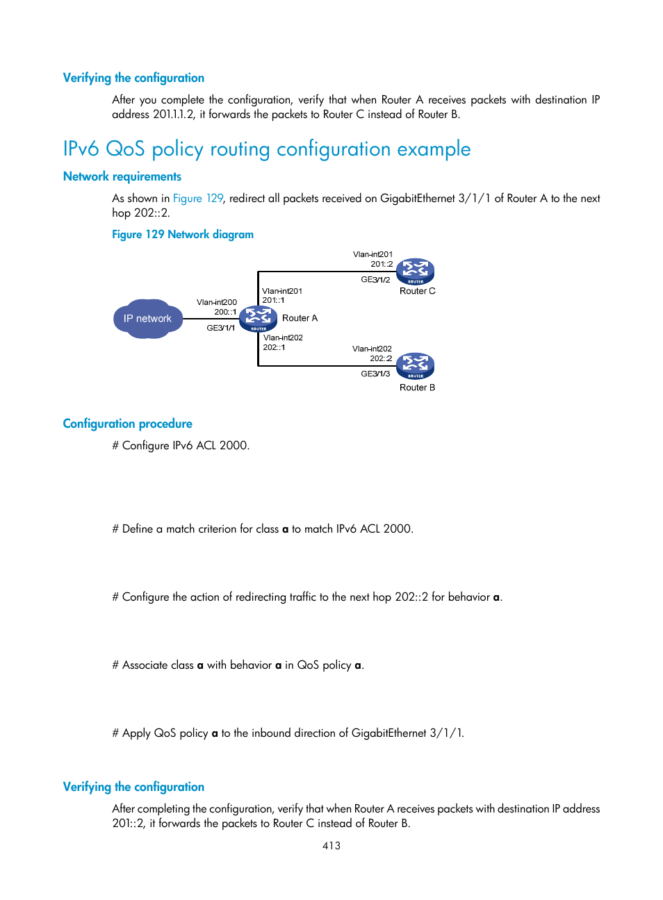 Verifying the configuration, Ipv6 qos policy routing configuration example, Network requirements | Configuration procedure | H3C Technologies H3C SR8800 User Manual | Page 429 / 431